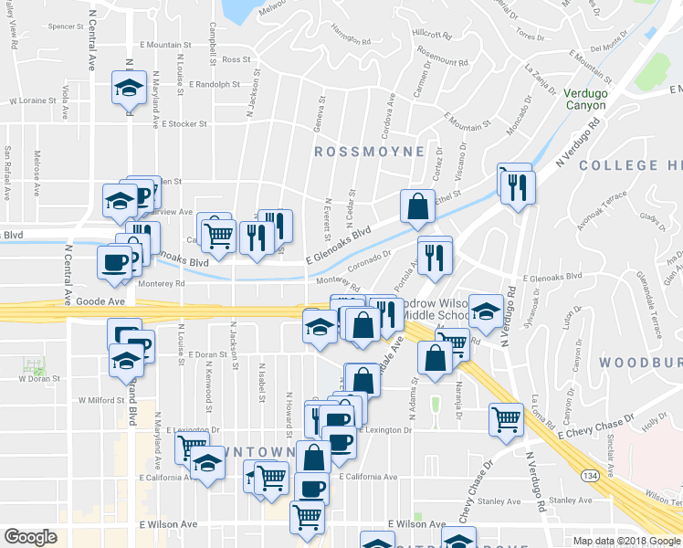 map of restaurants, bars, coffee shops, grocery stores, and more near 837 Coronado Drive in Glendale