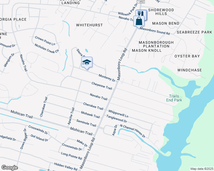 map of restaurants, bars, coffee shops, grocery stores, and more near 114 Cheyenne Trail in Wilmington