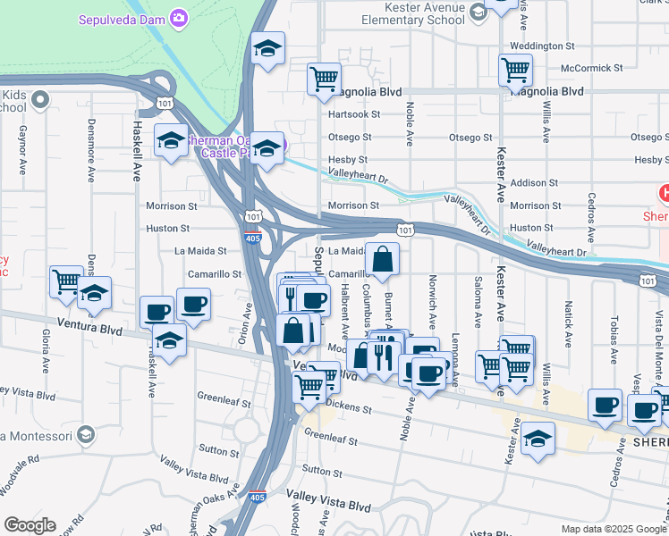 map of restaurants, bars, coffee shops, grocery stores, and more near 15243 Camarillo Street in Los Angeles