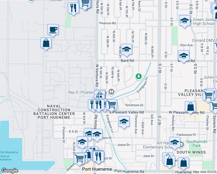 map of restaurants, bars, coffee shops, grocery stores, and more near 1046 North 5th Place in Port Hueneme