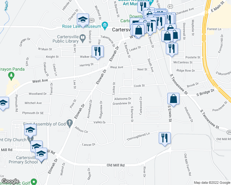 map of restaurants, bars, coffee shops, grocery stores, and more near 142 Luckie Street in Cartersville