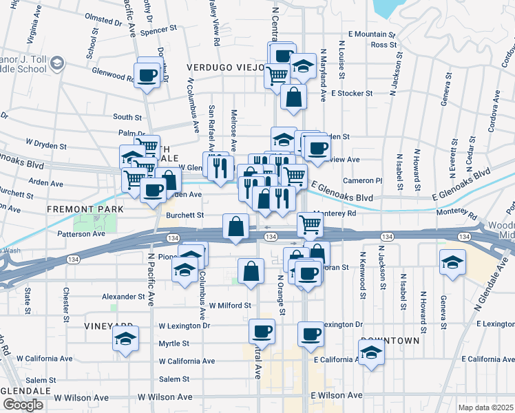 map of restaurants, bars, coffee shops, grocery stores, and more near North Central Avenue in Glendale