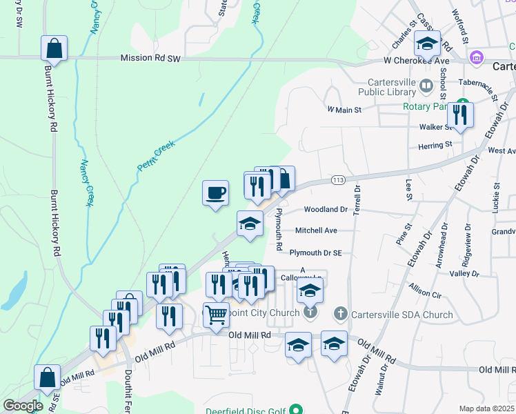 map of restaurants, bars, coffee shops, grocery stores, and more near 807 West Avenue in Cartersville