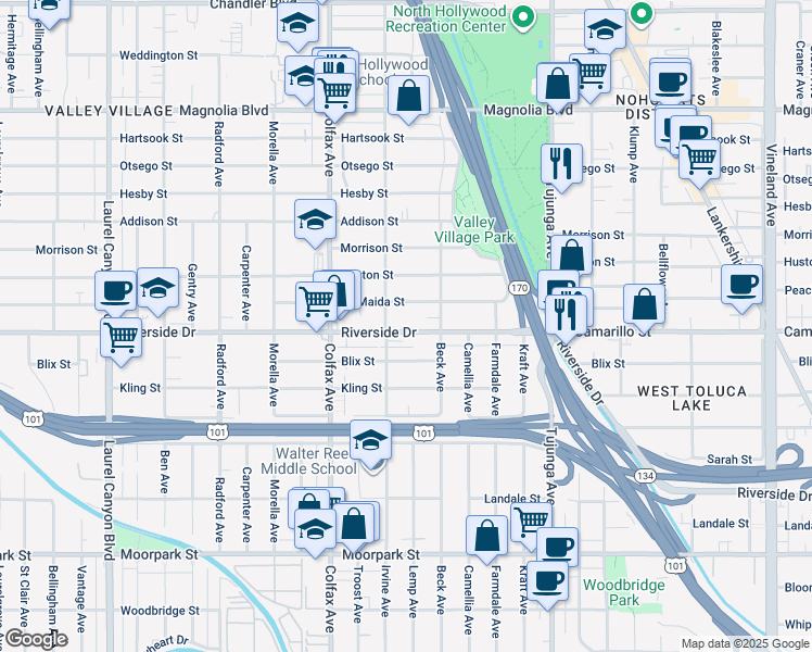 map of restaurants, bars, coffee shops, grocery stores, and more near 11575 Riverside Drive in Los Angeles