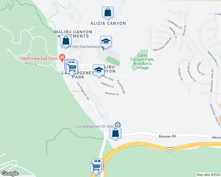 map of restaurants, bars, coffee shops, grocery stores, and more near 26150 Hatmor Drive in Calabasas
