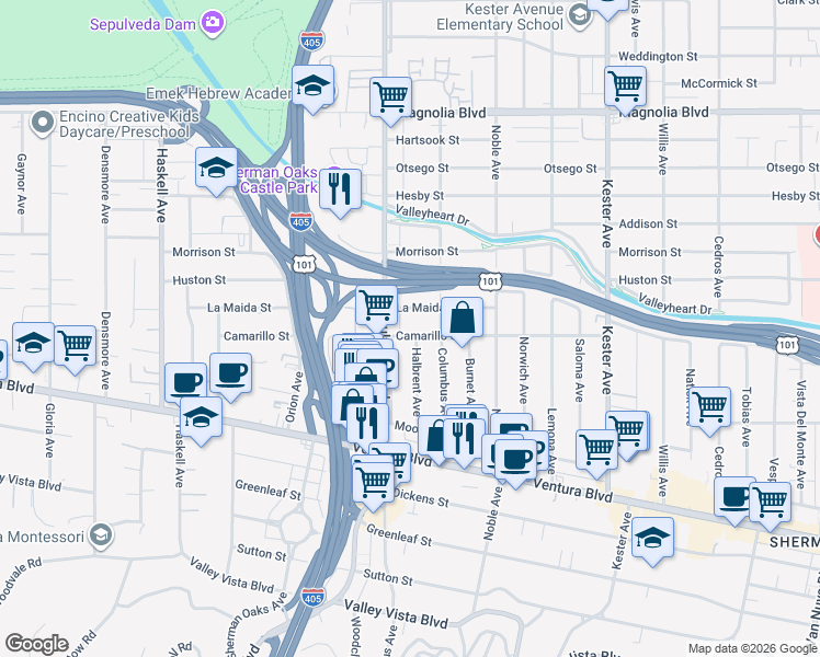map of restaurants, bars, coffee shops, grocery stores, and more near 15243 Camarillo Street in Los Angeles