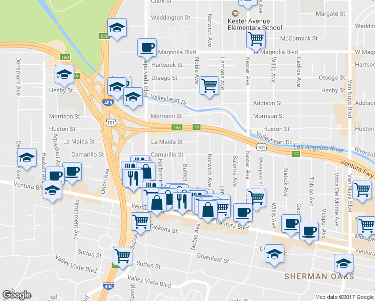 map of restaurants, bars, coffee shops, grocery stores, and more near 15123 Camarillo Street in Los Angeles
