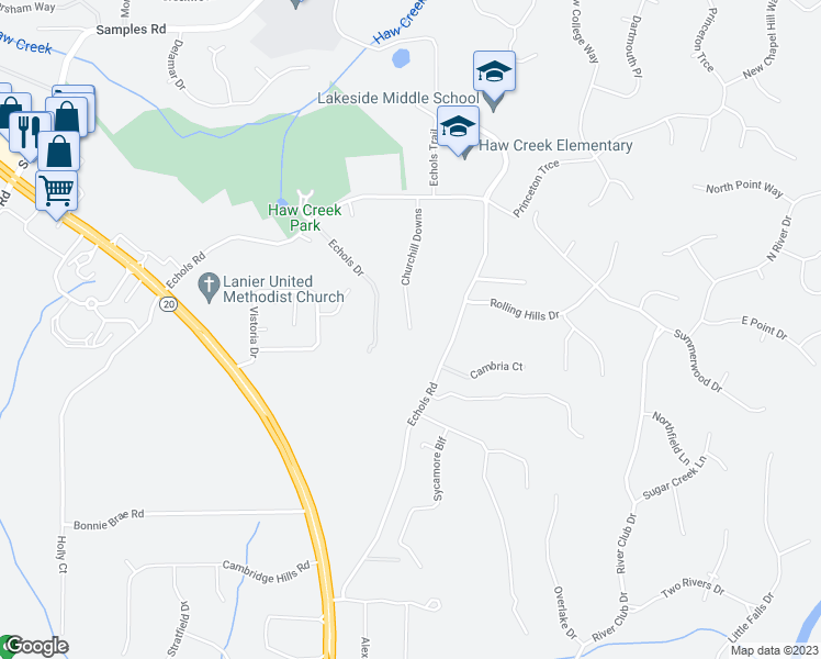 map of restaurants, bars, coffee shops, grocery stores, and more near 2740 Churchill Downs in Cumming