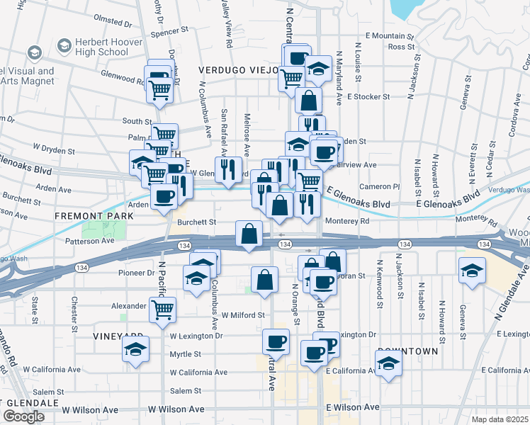 map of restaurants, bars, coffee shops, grocery stores, and more near 809 N Central Ave in Glendale