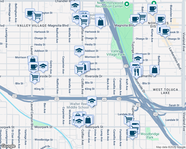 map of restaurants, bars, coffee shops, grocery stores, and more near 11615 Riverside Drive in Los Angeles