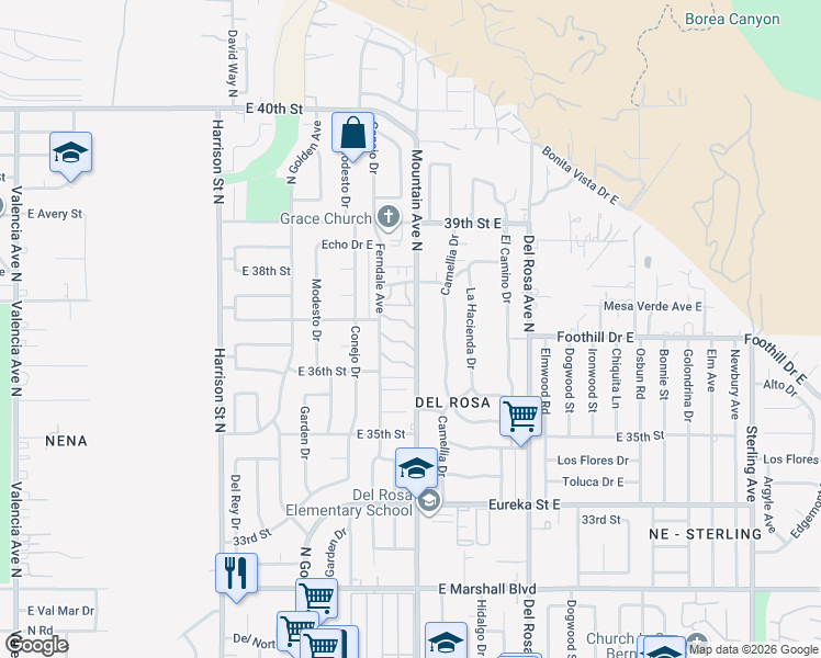 map of restaurants, bars, coffee shops, grocery stores, and more near 3735 Mountain Avenue North in San Bernardino