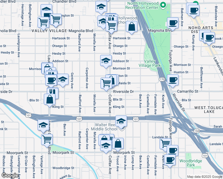 map of restaurants, bars, coffee shops, grocery stores, and more near 4810 Colfax Avenue in Los Angeles
