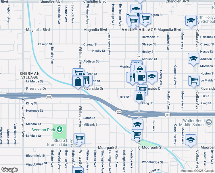 map of restaurants, bars, coffee shops, grocery stores, and more near 4809 Laurelgrove Avenue in Los Angeles