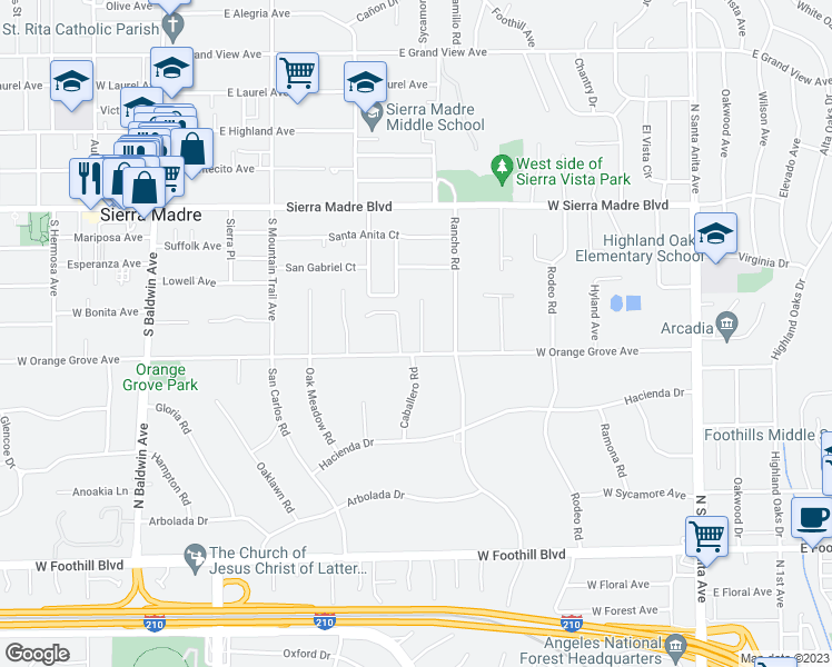 map of restaurants, bars, coffee shops, grocery stores, and more near 95 Monte Vista Lane in Sierra Madre