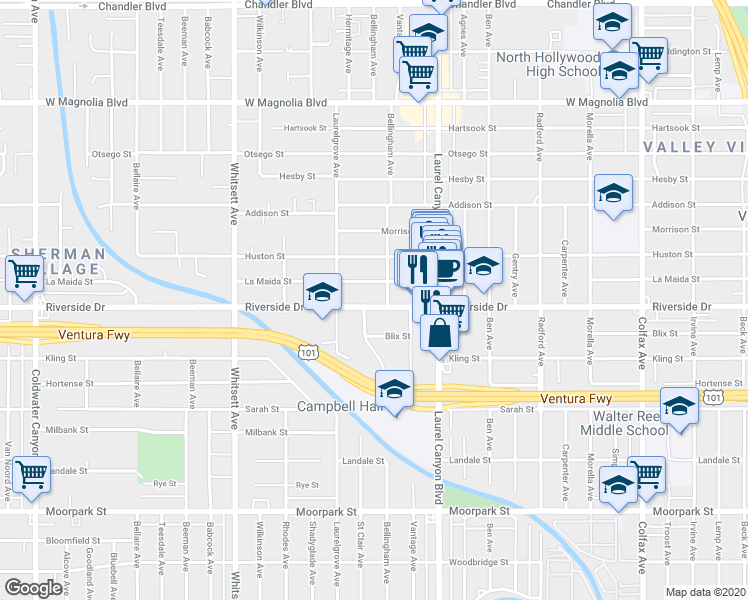 map of restaurants, bars, coffee shops, grocery stores, and more near 12217 Riverside Drive in Los Angeles