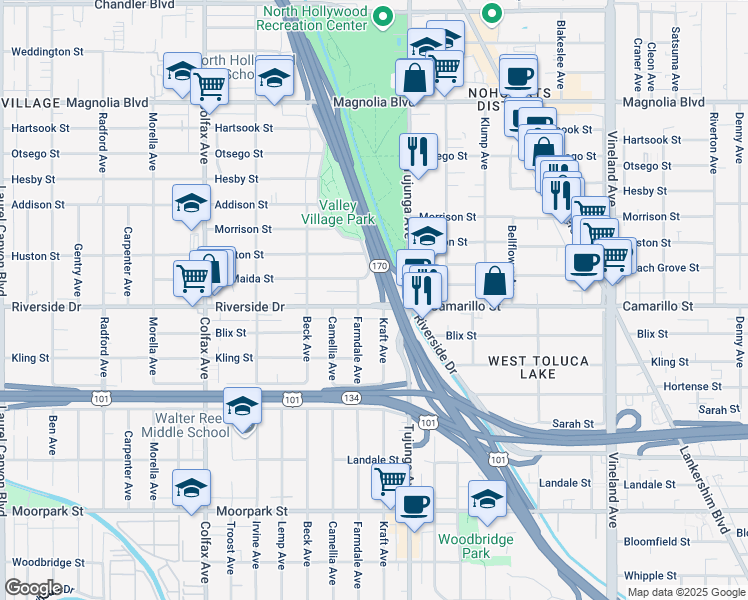 map of restaurants, bars, coffee shops, grocery stores, and more near 11445 Riverside Drive in Los Angeles