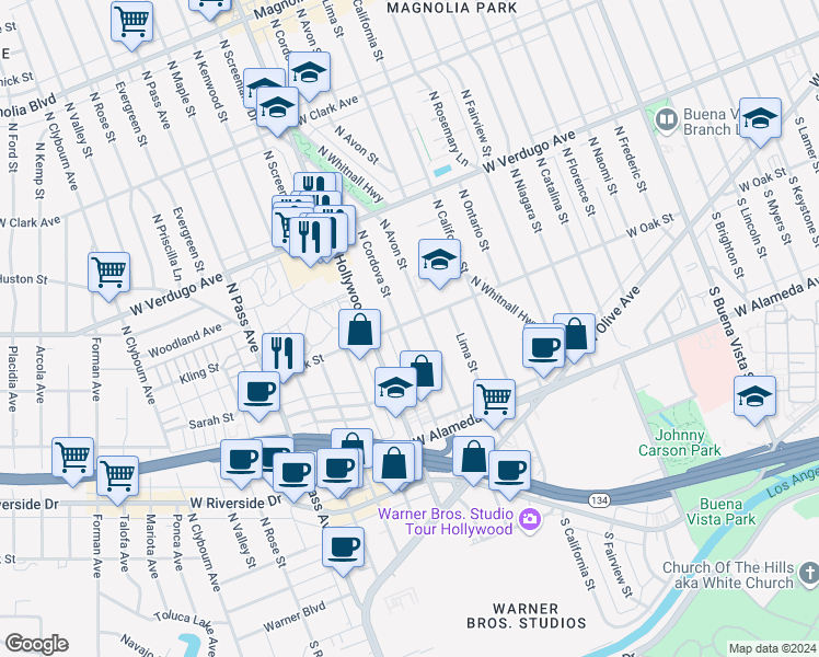 map of restaurants, bars, coffee shops, grocery stores, and more near 346 North Cordova Street in Burbank