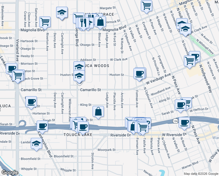 map of restaurants, bars, coffee shops, grocery stores, and more near 10355 Camarillo Street in Los Angeles