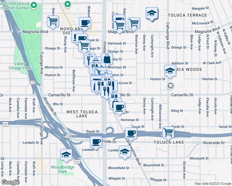 map of restaurants, bars, coffee shops, grocery stores, and more near 10919 Camarillo Street in Los Angeles