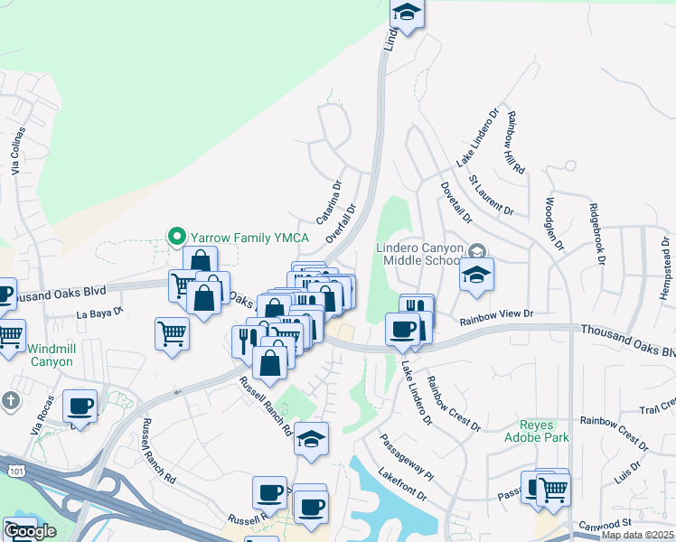map of restaurants, bars, coffee shops, grocery stores, and more near 30822 Whim Drive in Westlake Village