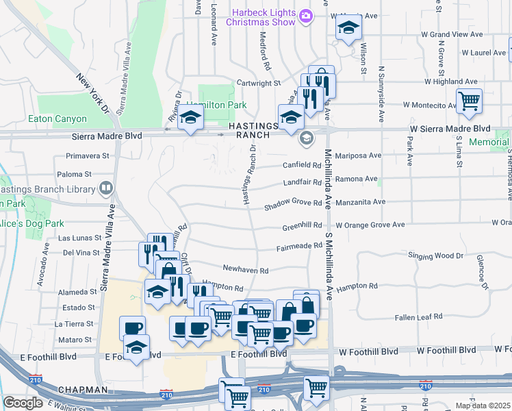 map of restaurants, bars, coffee shops, grocery stores, and more near 3735 Shadow Grove Road in Pasadena