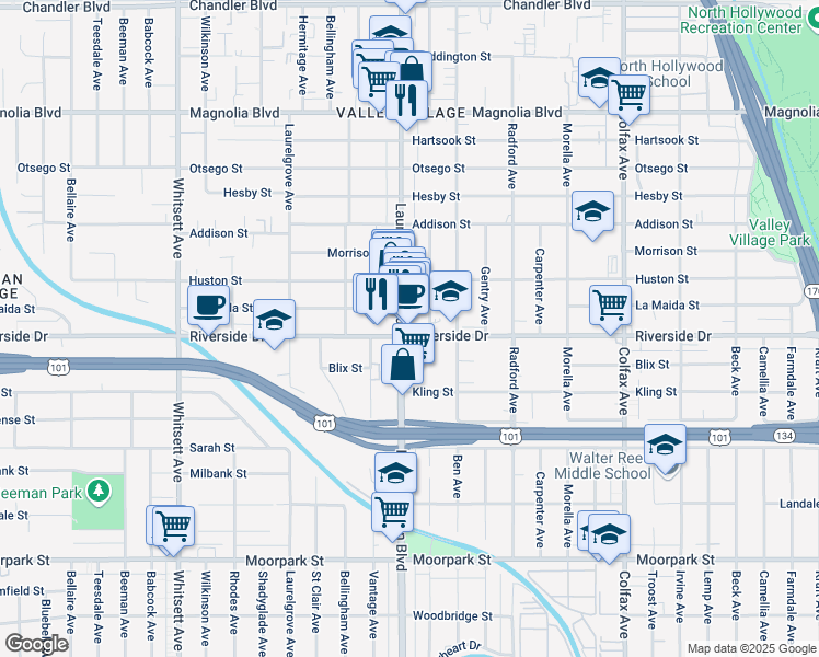 map of restaurants, bars, coffee shops, grocery stores, and more near 4804 Laurel Canyon Boulevard in Los Angeles