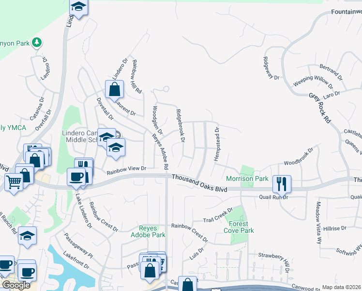 map of restaurants, bars, coffee shops, grocery stores, and more near 5773 Ridgebrook Drive in Agoura Hills