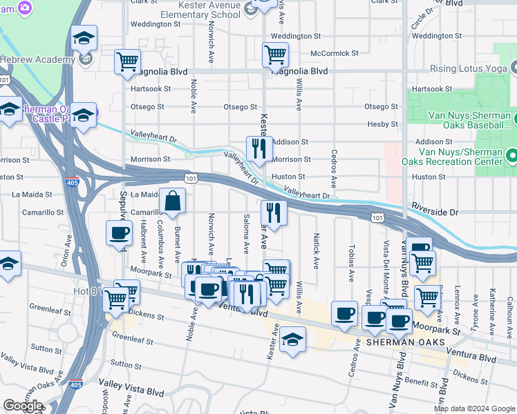 map of restaurants, bars, coffee shops, grocery stores, and more near 4809 Kester Avenue in Los Angeles