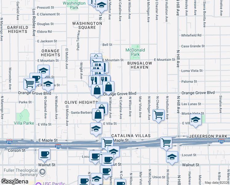 map of restaurants, bars, coffee shops, grocery stores, and more near 975 East Orange Grove Boulevard in Pasadena