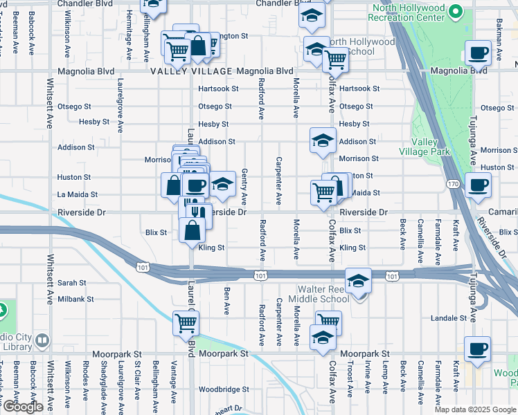 map of restaurants, bars, coffee shops, grocery stores, and more near 11857 Riverside Drive in Los Angeles