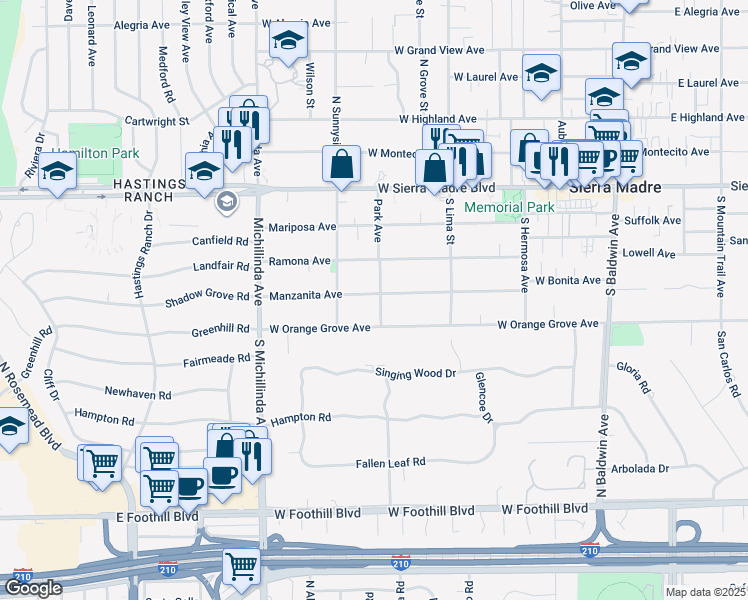 map of restaurants, bars, coffee shops, grocery stores, and more near 500 Manzanita Avenue in Sierra Madre