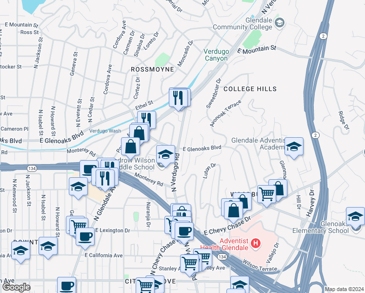 map of restaurants, bars, coffee shops, grocery stores, and more near 1305 East Glenoaks Boulevard in Glendale