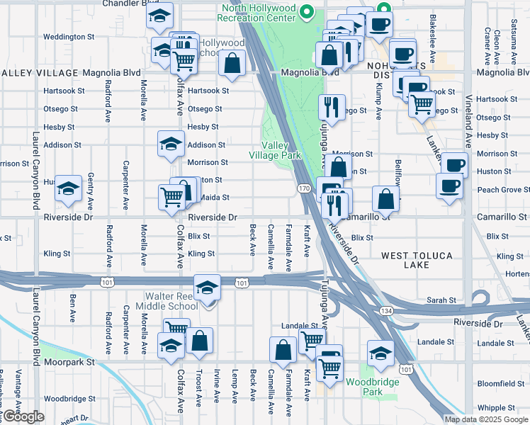 map of restaurants, bars, coffee shops, grocery stores, and more near 11505 Riverside Drive in Los Angeles
