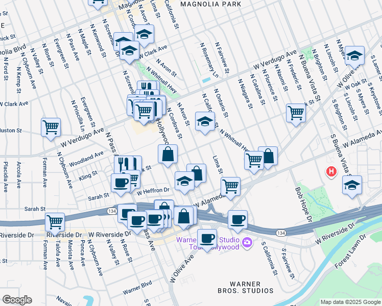 map of restaurants, bars, coffee shops, grocery stores, and more near 346 North Cordova Street in Burbank