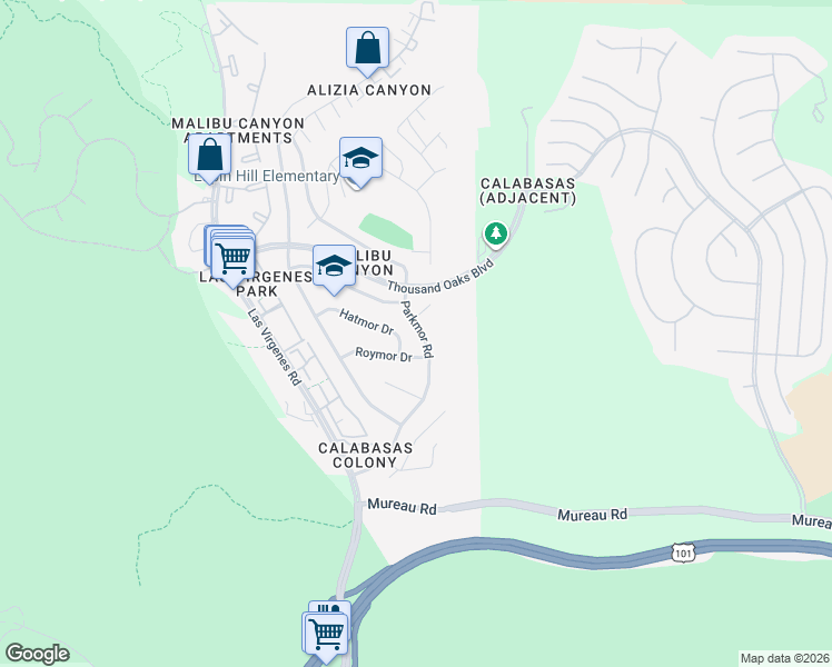 map of restaurants, bars, coffee shops, grocery stores, and more near 5531 Parkmor Road in Calabasas