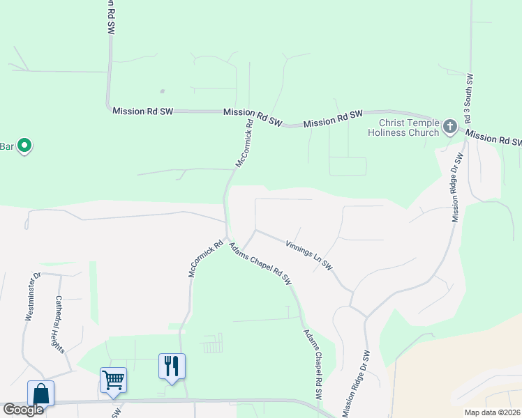 map of restaurants, bars, coffee shops, grocery stores, and more near 23 Woodhaven Court in Cartersville
