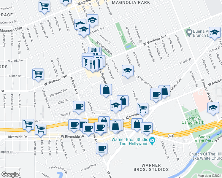 map of restaurants, bars, coffee shops, grocery stores, and more near 400 North Hollywood Way in Burbank