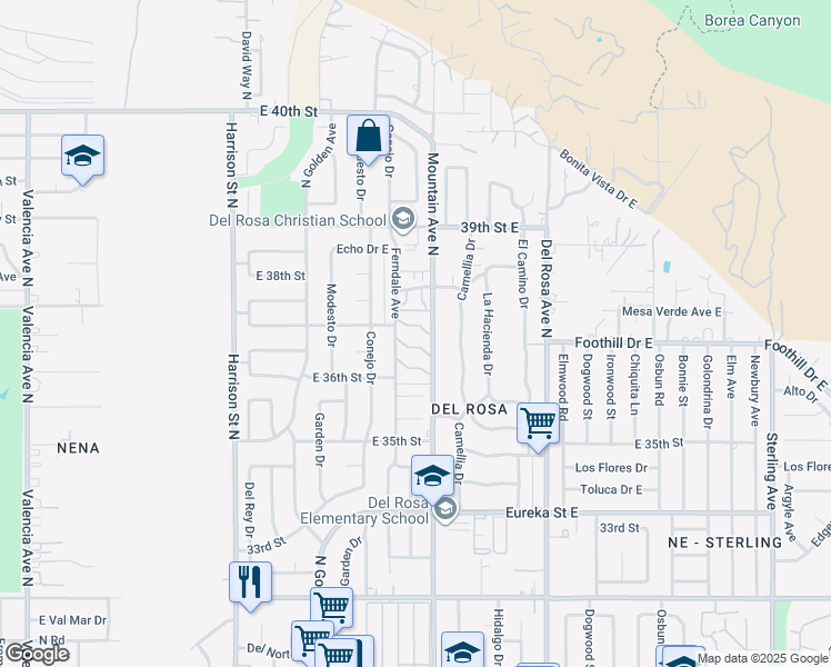 map of restaurants, bars, coffee shops, grocery stores, and more near 3700 Mountain Avenue North in San Bernardino