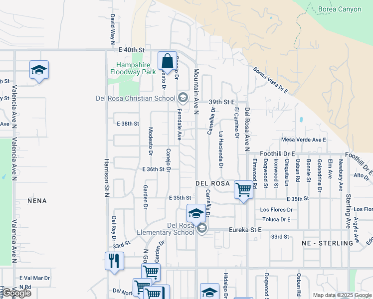 map of restaurants, bars, coffee shops, grocery stores, and more near 3700 Mountain Avenue North in San Bernardino