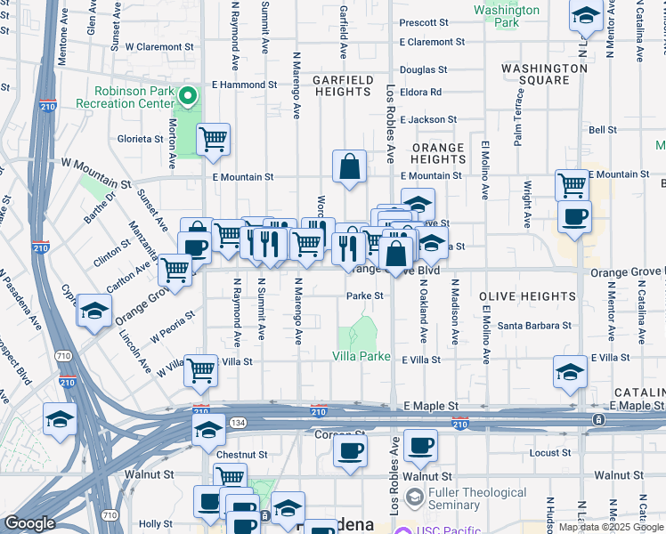 map of restaurants, bars, coffee shops, grocery stores, and more near 289 East Orange Grove Boulevard in Pasadena