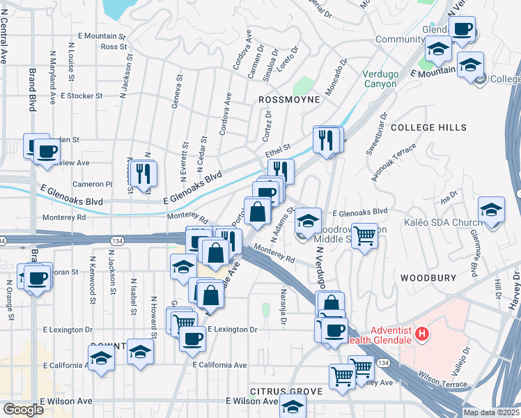 map of restaurants, bars, coffee shops, grocery stores, and more near 804 1/2 North Glendale Avenue in Glendale