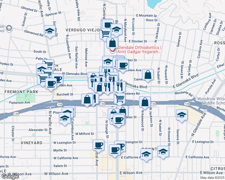 map of restaurants, bars, coffee shops, grocery stores, and more near 801 North Brand Boulevard in Glendale