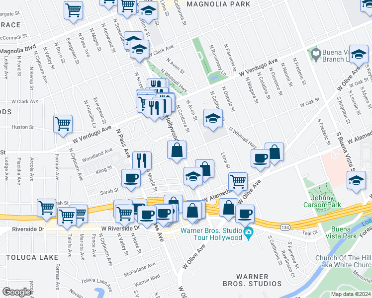 map of restaurants, bars, coffee shops, grocery stores, and more near 401 North Cordova Street in Burbank