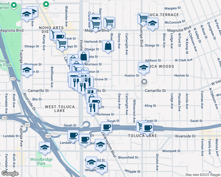 map of restaurants, bars, coffee shops, grocery stores, and more near 10815 Camarillo Street in Los Angeles