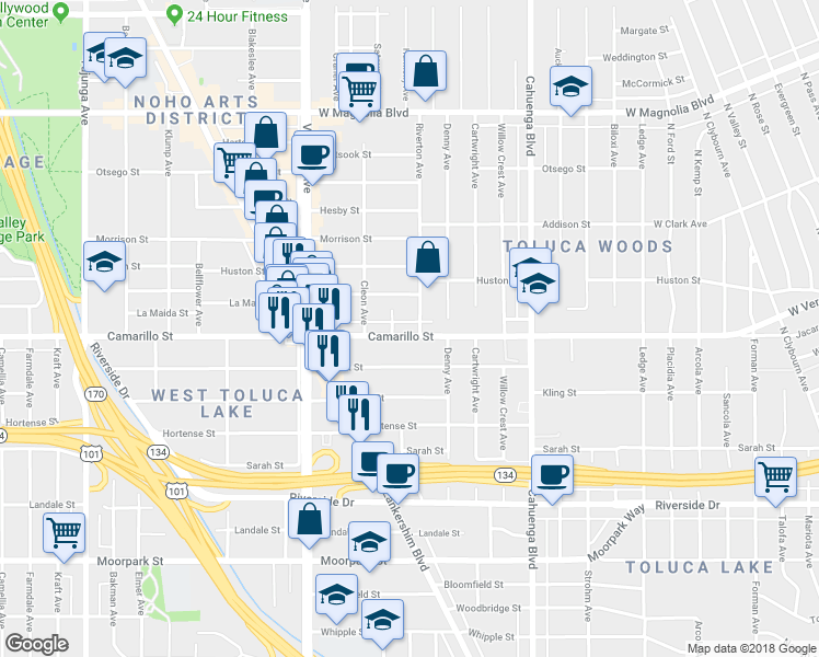 map of restaurants, bars, coffee shops, grocery stores, and more near 10815 Camarillo Street in Los Angeles