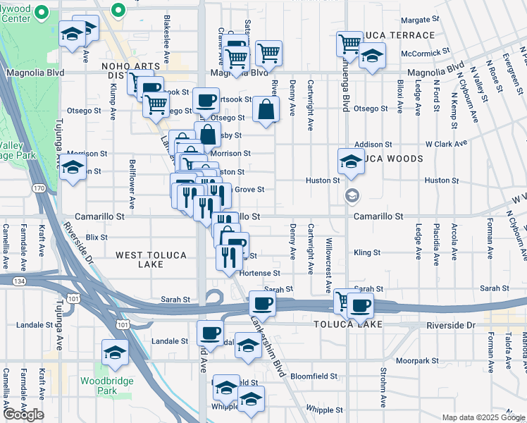 map of restaurants, bars, coffee shops, grocery stores, and more near 10815 Camarillo Street in Los Angeles