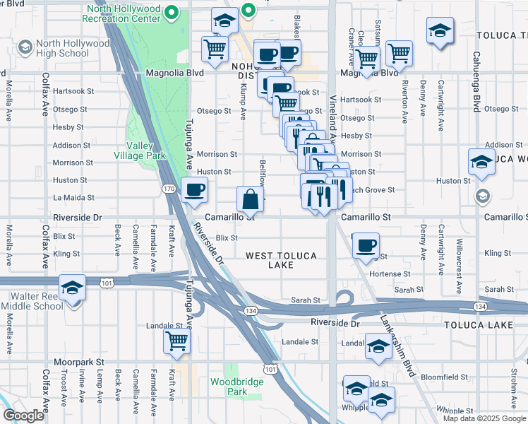 map of restaurants, bars, coffee shops, grocery stores, and more near 11151 Camarillo Street in Los Angeles