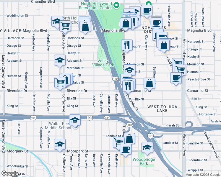 map of restaurants, bars, coffee shops, grocery stores, and more near 4811 Farmdale Avenue in Los Angeles
