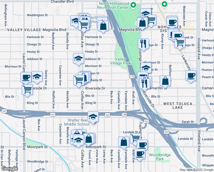 map of restaurants, bars, coffee shops, grocery stores, and more near 11569 Riverside Drive in Los Angeles