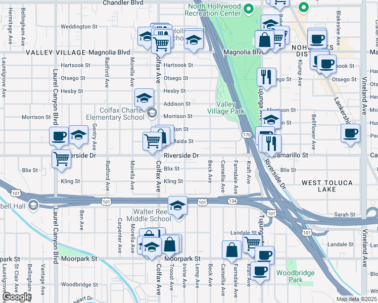 map of restaurants, bars, coffee shops, grocery stores, and more near 11569 Riverside Drive in Los Angeles